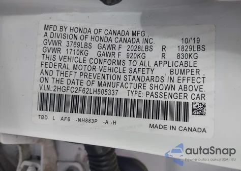 2020 Honda Civic Lx из США, поврежденный, VIN 2HGFC2F62LH505337